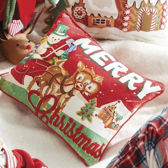 Raz‎ Imports Retro Christmas Pillow Frosty The Snowman Sleigh Reindeer - Picture 2 of 12